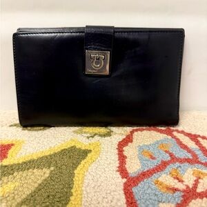 SALVATORE FERRAGAMO Gancini Black Leather Long Wallet W/ Silver-Tone Hardware